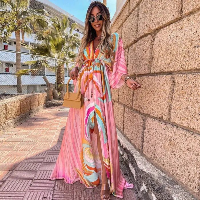 Women's Maxi Dress with Adjustable Tie Waist Abstract Print Kimono Sleeves Flowing Summer Occasion Wear Resort Lightweight | Koossa