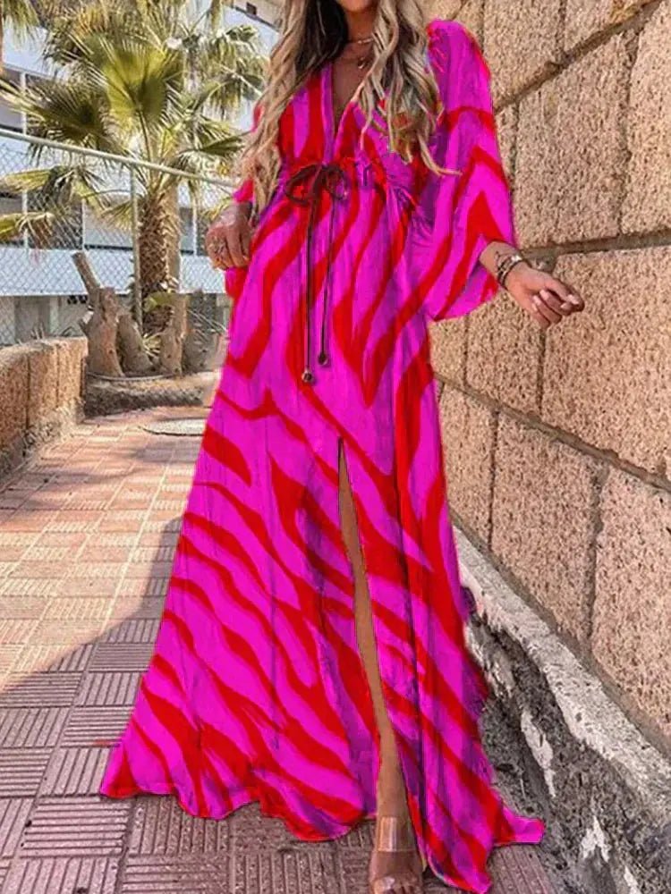 Women's Maxi Dress with Adjustable Tie Waist Abstract Print Kimono Sleeves Flowing Summer Occasion Wear Resort Lightweight | Koossa