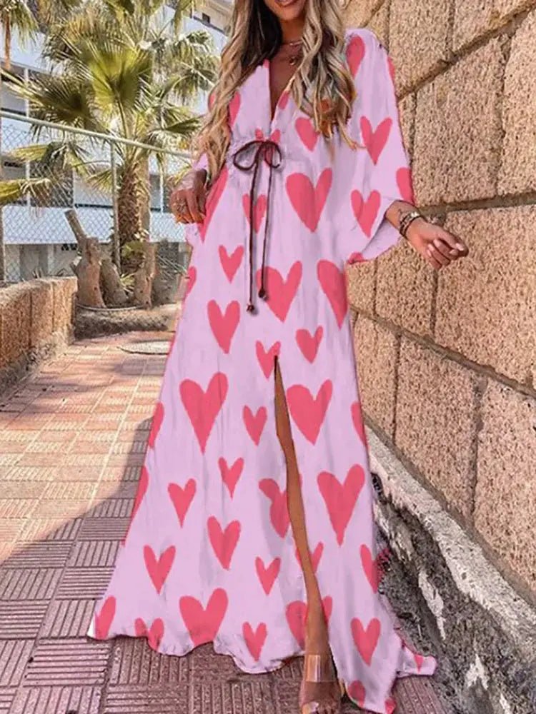 Women's Maxi Dress with Adjustable Tie Waist Abstract Print Kimono Sleeves Flowing Summer Occasion Wear Resort Lightweight | Koossa