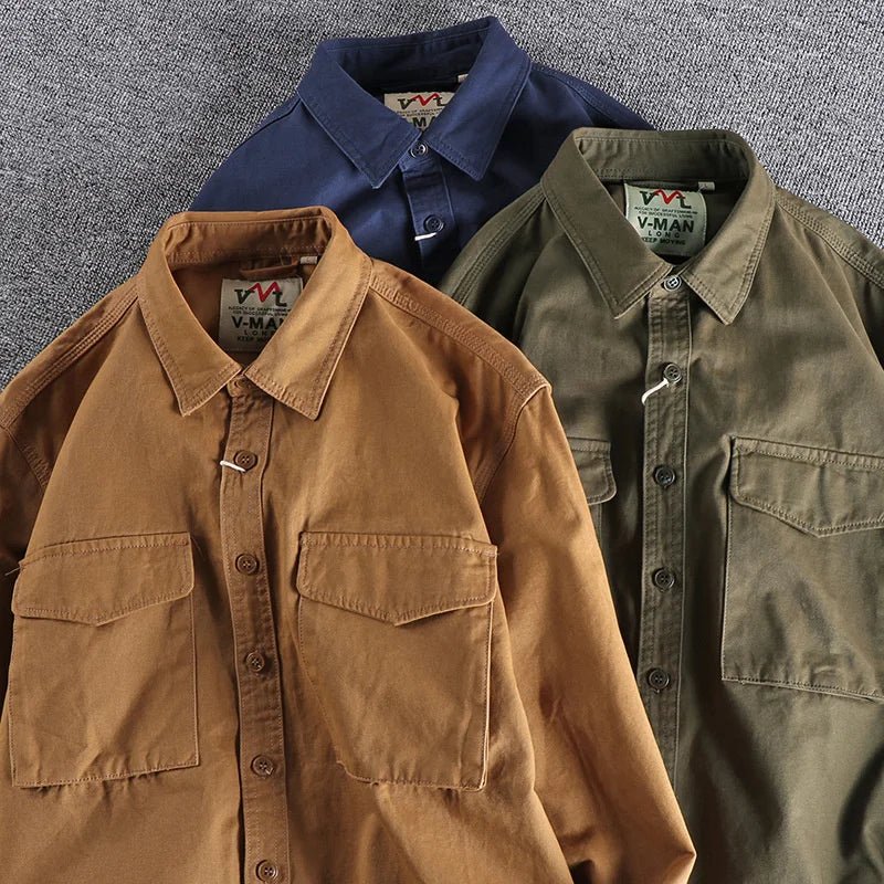 Men's Long Sleeve Cotton Shirt with Chest Pocket in Green, Orange & Navy | Smart Casual Collared Button-Down Shirt | Koossa