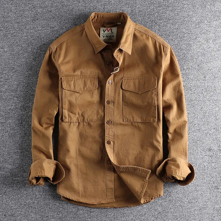 Men's Long Sleeve Cotton Shirt with Chest Pocket in Green, Orange & Navy | Smart Casual Collared Button-Down Shirt | Koossa