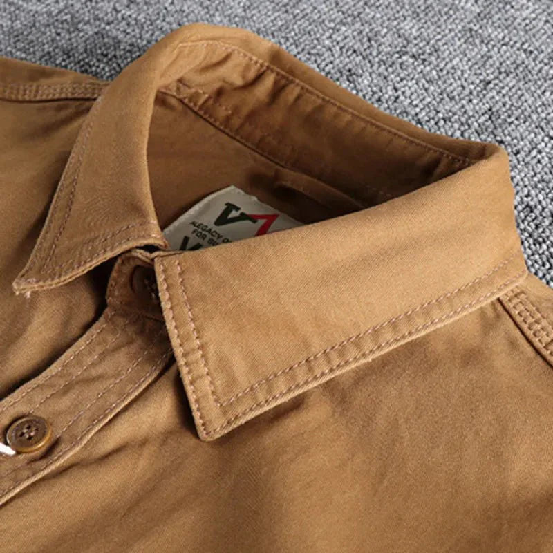 Men's Long Sleeve Cotton Shirt with Chest Pocket in Green, Orange & Navy | Smart Casual Collared Button-Down Shirt | Koossa