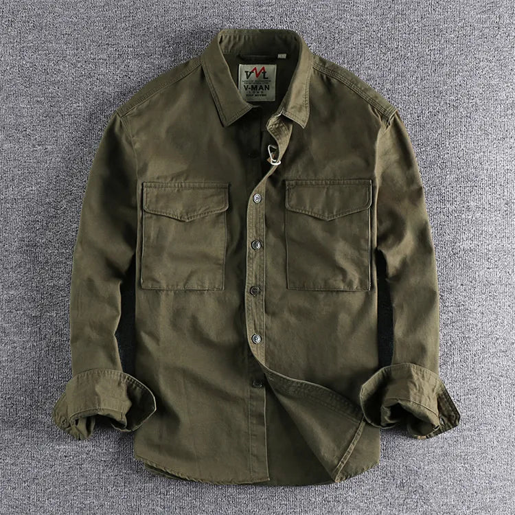 Men's Long Sleeve Cotton Shirt with Chest Pocket in Green, Orange & Navy | Smart Casual Collared Button-Down Shirt | Koossa