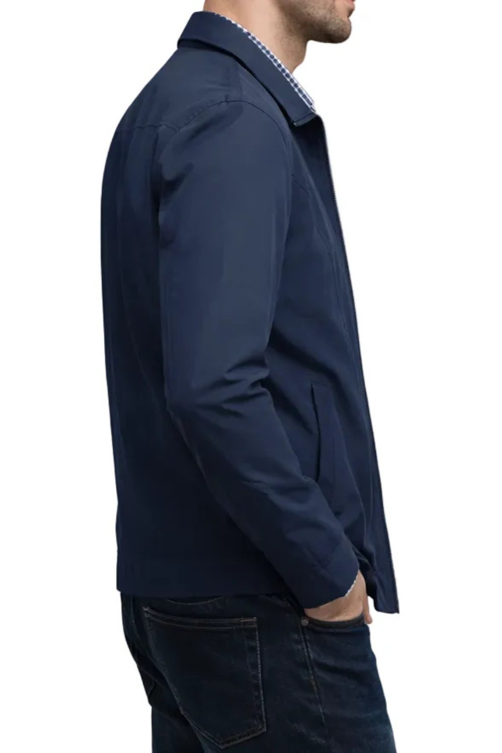 Men's Zip-Front Harrington Jacket with Checked Lining in Blue, Black & Beige – Classic Lightweight Layer for Smart-Casual Style | Koossa
