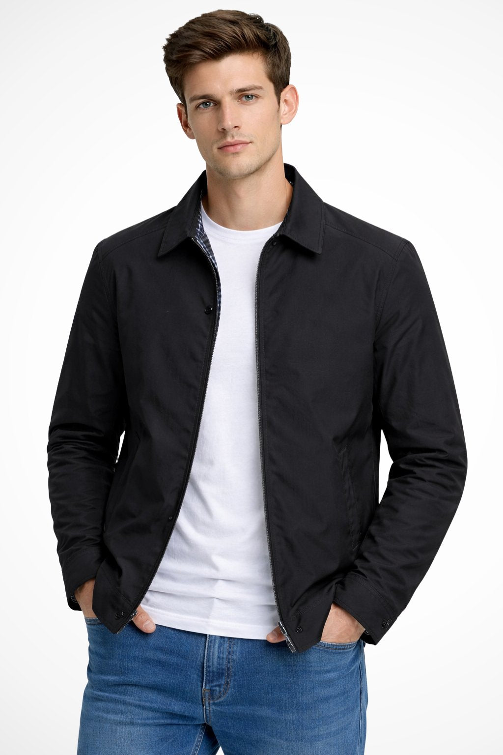 Men's Zip-Front Harrington Jacket with Checked Lining in Blue, Black & Beige – Classic Lightweight Layer for Smart-Casual Style | Koossa