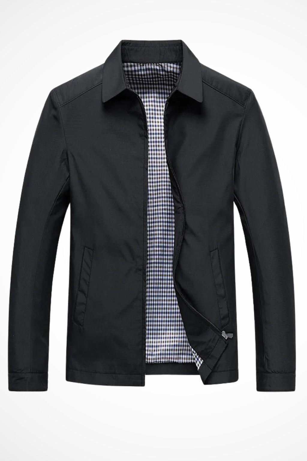 Men's Zip-Front Harrington Jacket with Checked Lining in Blue, Black & Beige – Classic Lightweight Layer for Smart-Casual Style | Koossa