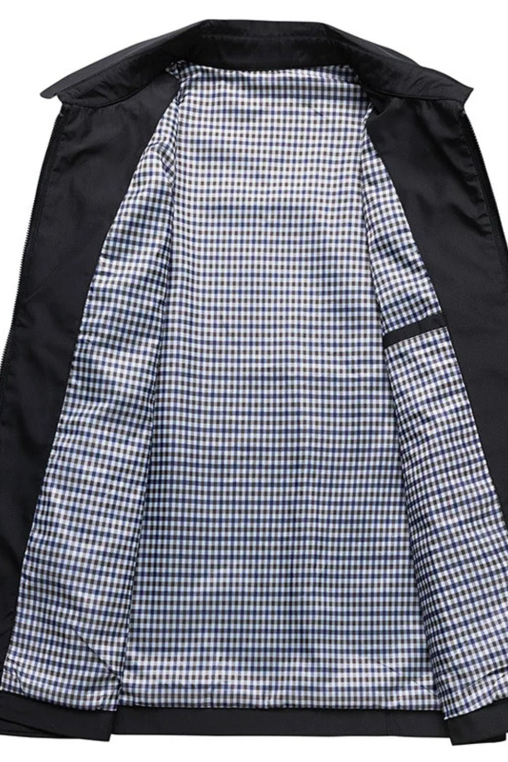 Men's Zip-Front Harrington Jacket with Checked Lining in Blue, Black & Beige – Classic Lightweight Layer for Smart-Casual Style | Koossa