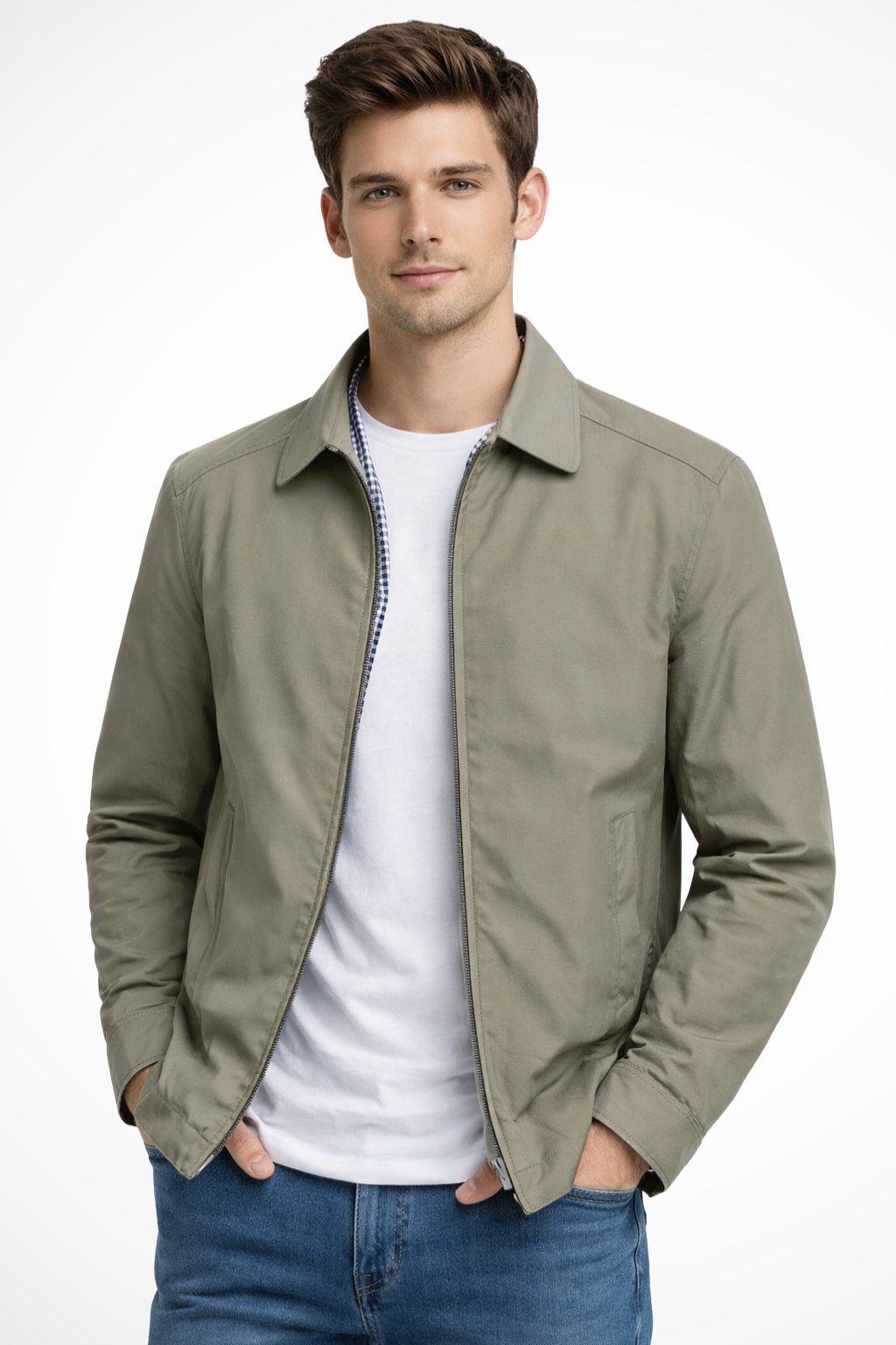 Men's Zip-Front Harrington Jacket with Checked Lining in Blue, Black & Beige – Classic Lightweight Layer for Smart-Casual Style | Koossa