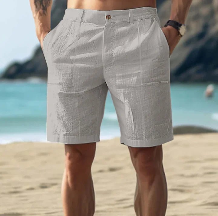 Men's Linen Shorts with Button Fastening in Khaki, White, Navy & Grey – Classic Summer Trousers for Warm Weather Relaxed Tailored Fit Holiday Beach Casual Smart Occasion Breathable Comfortable | Koossa