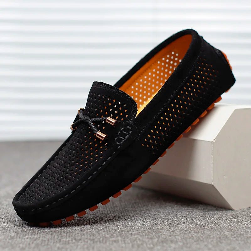 Men's Perforated Suede Loafers Navy Blue Breathable Smart-Casual Slip-On Shoes Orange Sole Metal Bow Spring Summer | Koossa