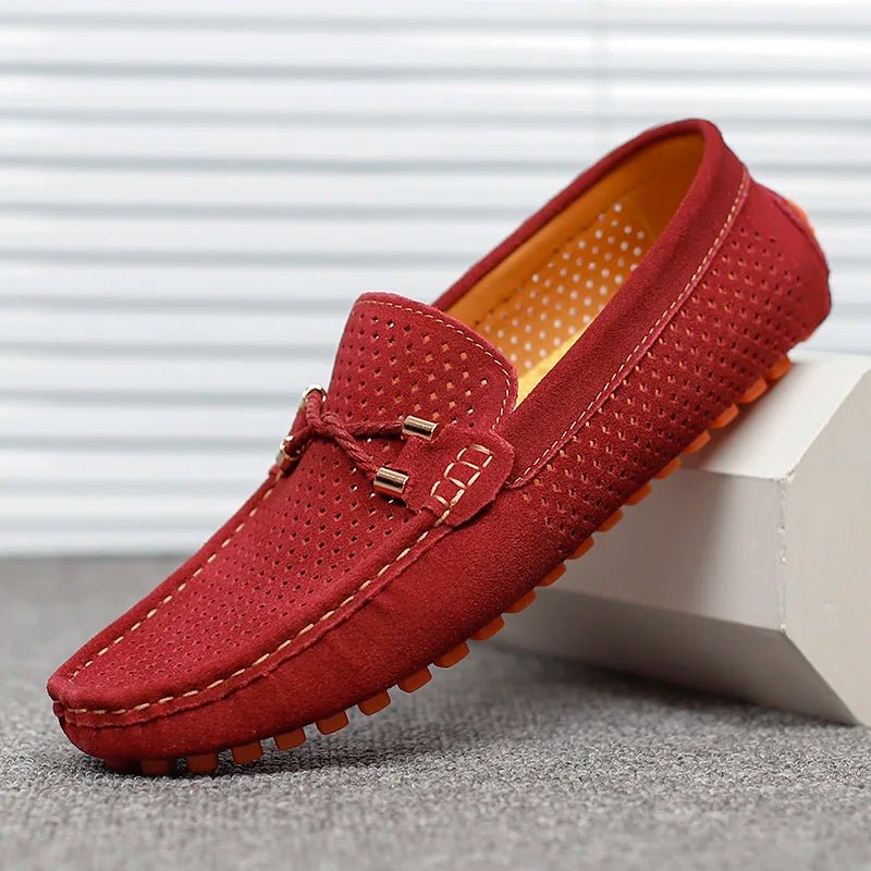 Men's Perforated Suede Loafers Navy Blue Breathable Smart-Casual Slip-On Shoes Orange Sole Metal Bow Spring Summer | Koossa