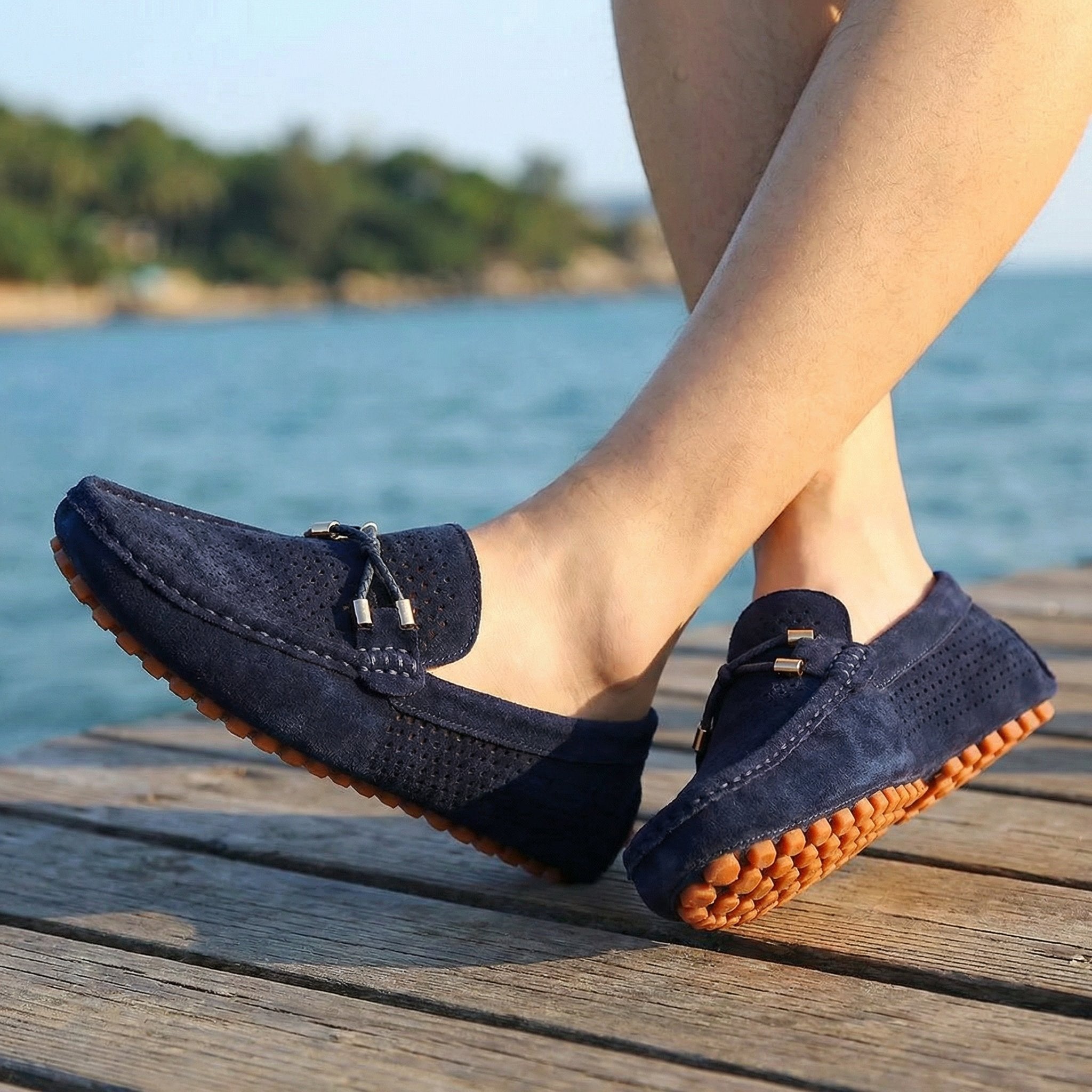 Men's Perforated Suede Loafers Navy Blue Breathable Smart-Casual Slip-On Shoes Orange Sole Metal Bow Spring Summer | Koossa