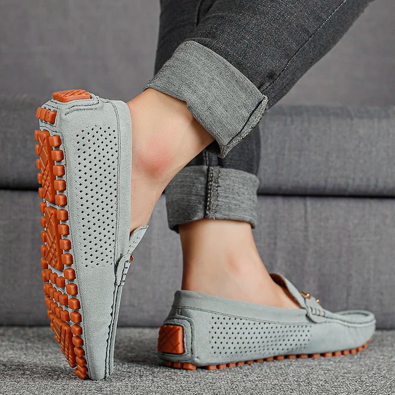 Men's Perforated Suede Loafers Navy Blue Breathable Smart-Casual Slip-On Shoes Orange Sole Metal Bow Spring Summer | Koossa