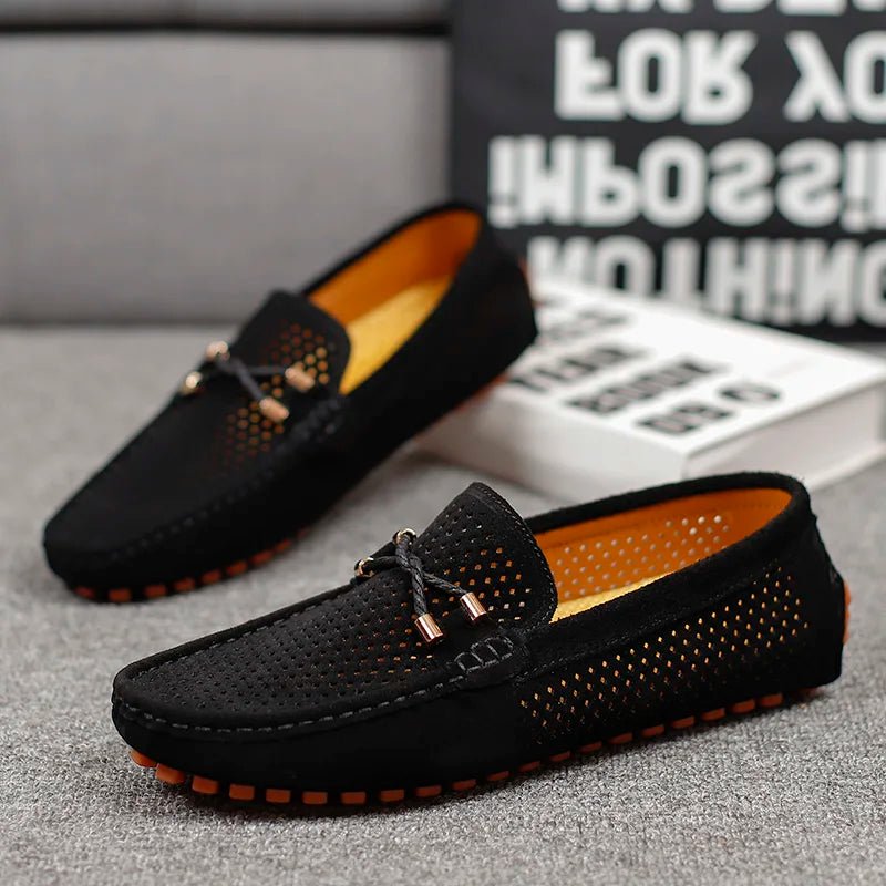 Men's Perforated Suede Loafers Navy Blue Breathable Smart-Casual Slip-On Shoes Orange Sole Metal Bow Spring Summer | Koossa