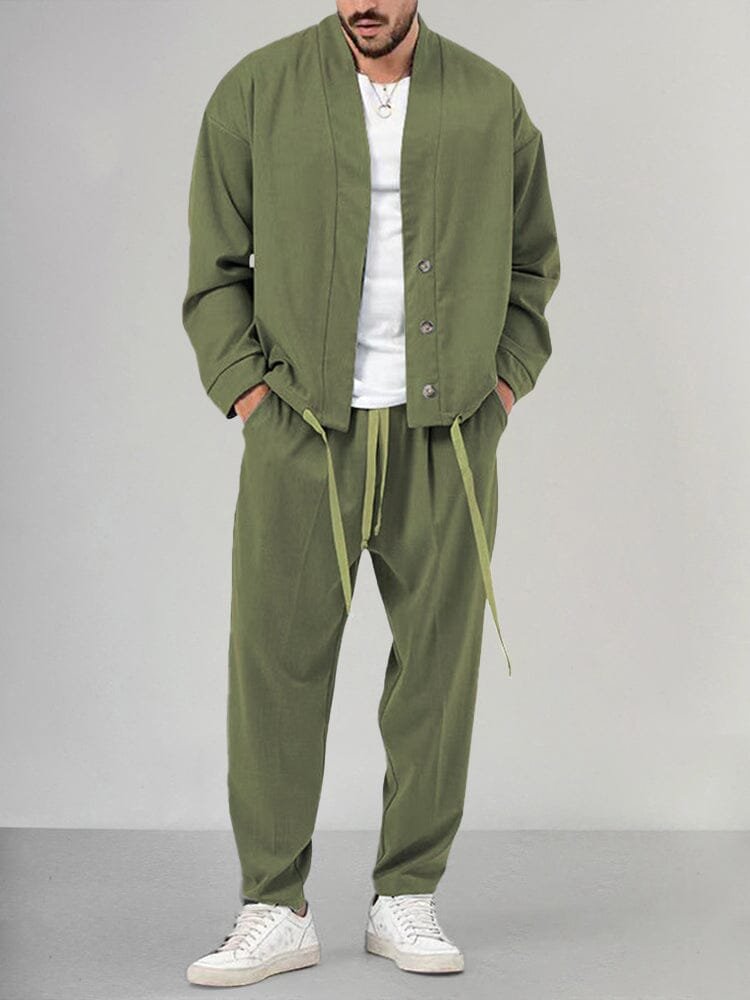 Men's Relaxed Two-Piece Co-ord Set with Button Overshirt and Drawstring Trousers in Woven Fabric for Casual Weekend Comfort | Koossa