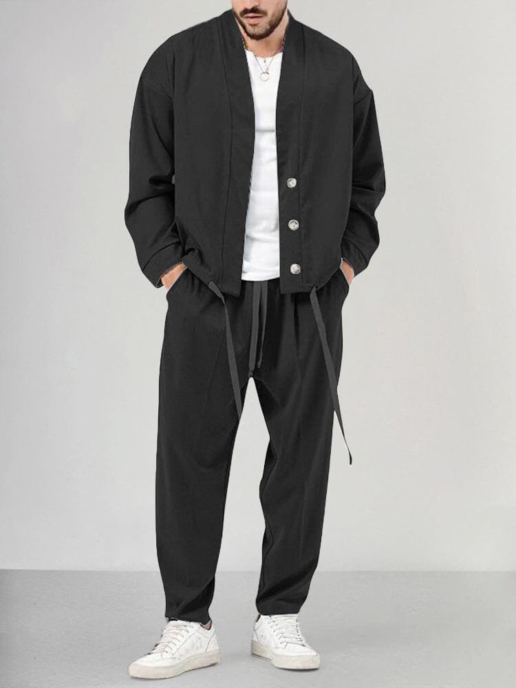 Men's Relaxed Two-Piece Co-ord Set with Button Overshirt and Drawstring Trousers in Woven Fabric for Casual Weekend Comfort | Koossa
