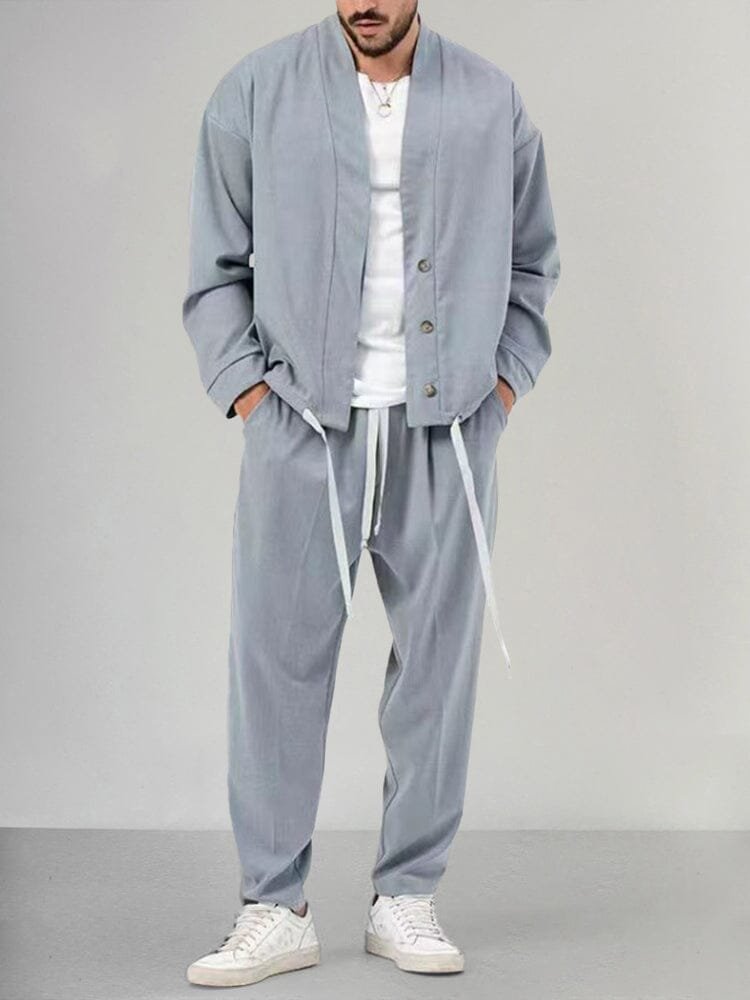 Men's Relaxed Two-Piece Co-ord Set with Button Overshirt and Drawstring Trousers in Woven Fabric for Casual Weekend Comfort | Koossa