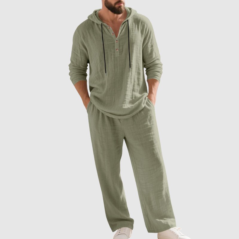 Hooded Linen Two-Piece Co-ord Set for Men – Relaxed Henley Top and Drawstring Trousers in Breathable Natural Fabric | Koossa
