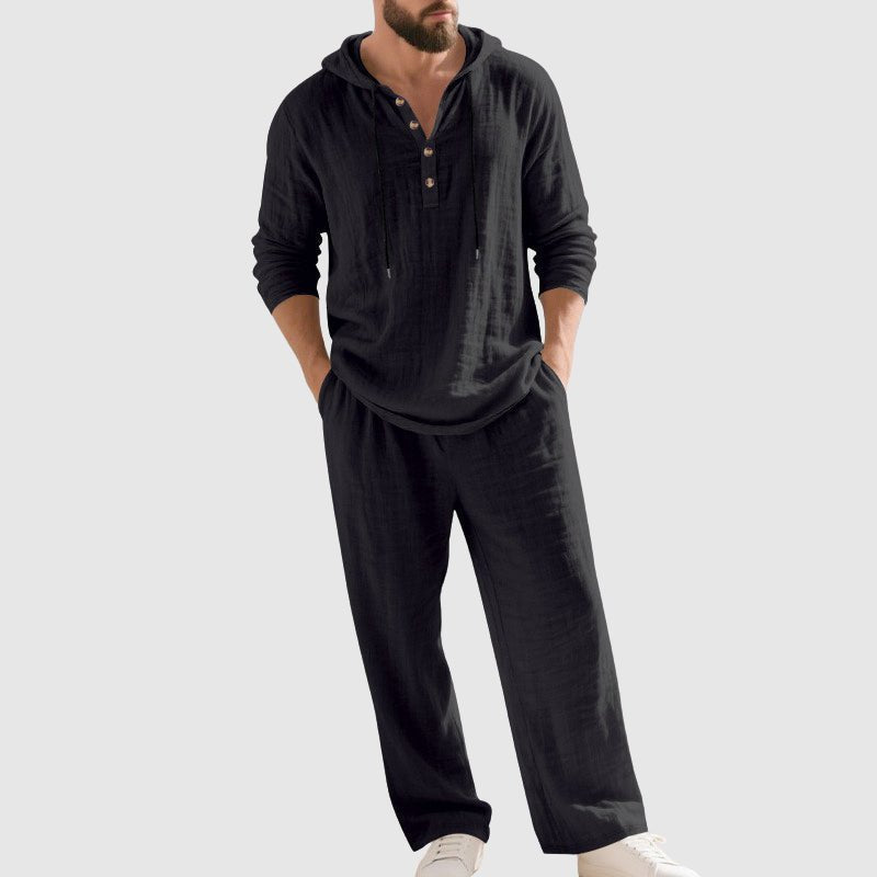 Hooded Linen Two-Piece Co-ord Set for Men – Relaxed Henley Top and Drawstring Trousers in Breathable Natural Fabric | Koossa