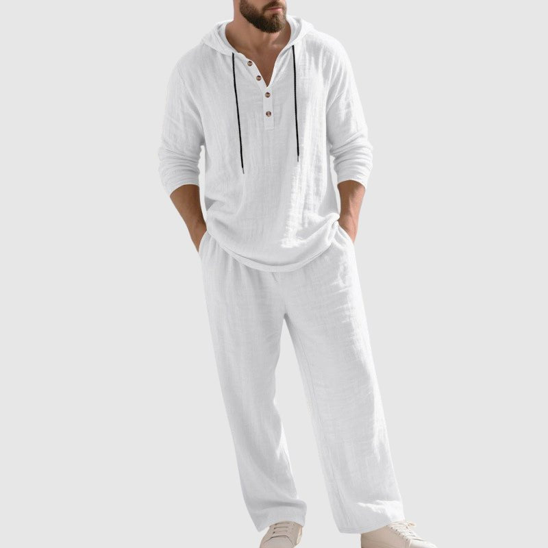 Hooded Linen Two-Piece Co-ord Set for Men – Relaxed Henley Top and Drawstring Trousers in Breathable Natural Fabric | Koossa