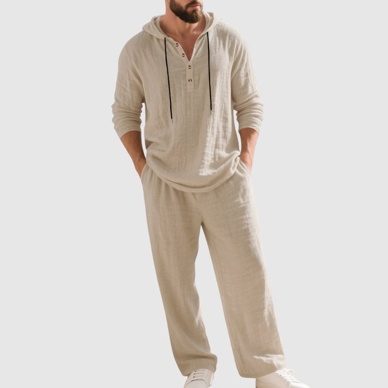Hooded Linen Two-Piece Co-ord Set for Men – Relaxed Henley Top and Drawstring Trousers in Breathable Natural Fabric | Koossa