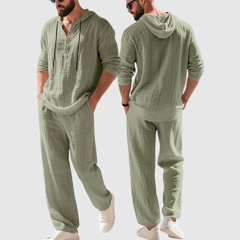 Hooded Linen Two-Piece Co-ord Set for Men – Relaxed Henley Top and Drawstring Trousers in Breathable Natural Fabric | Koossa