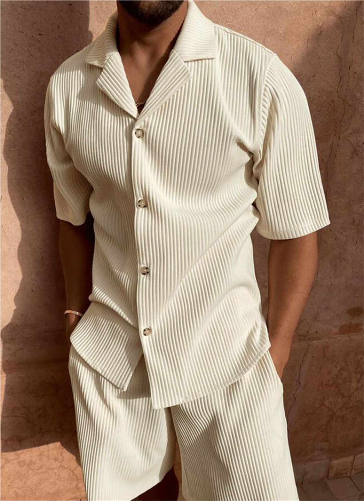 Men's Ribbed Co-ord Set | Button-Up Shirt & Shorts | Lightweight Cotton Blend | Navy Grey Beige Pink Black | Casual Summer Menswear | Koossa