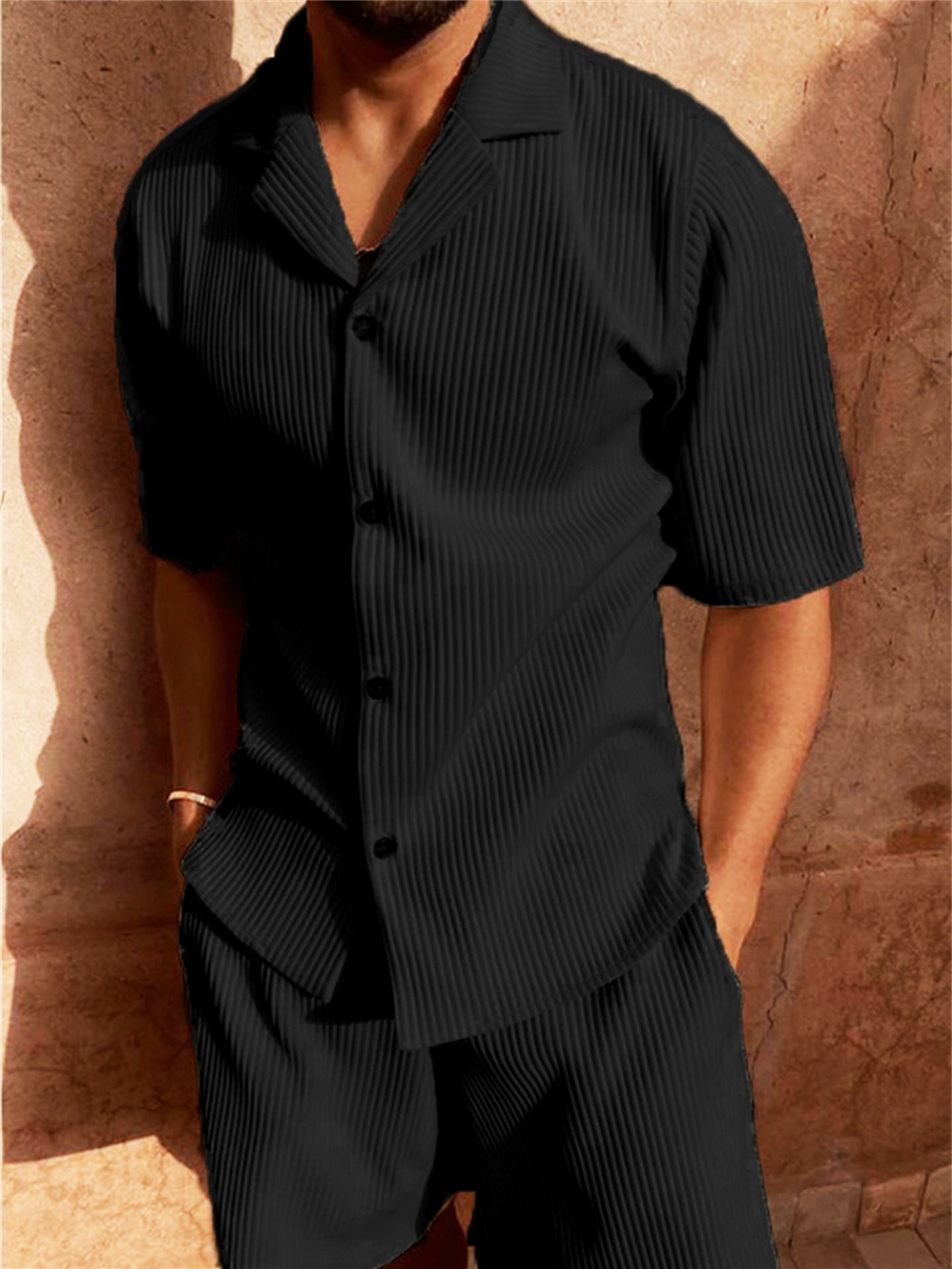 Men's Ribbed Co-ord Set | Button-Up Shirt & Shorts | Lightweight Cotton Blend | Navy Grey Beige Pink Black | Casual Summer Menswear | Koossa
