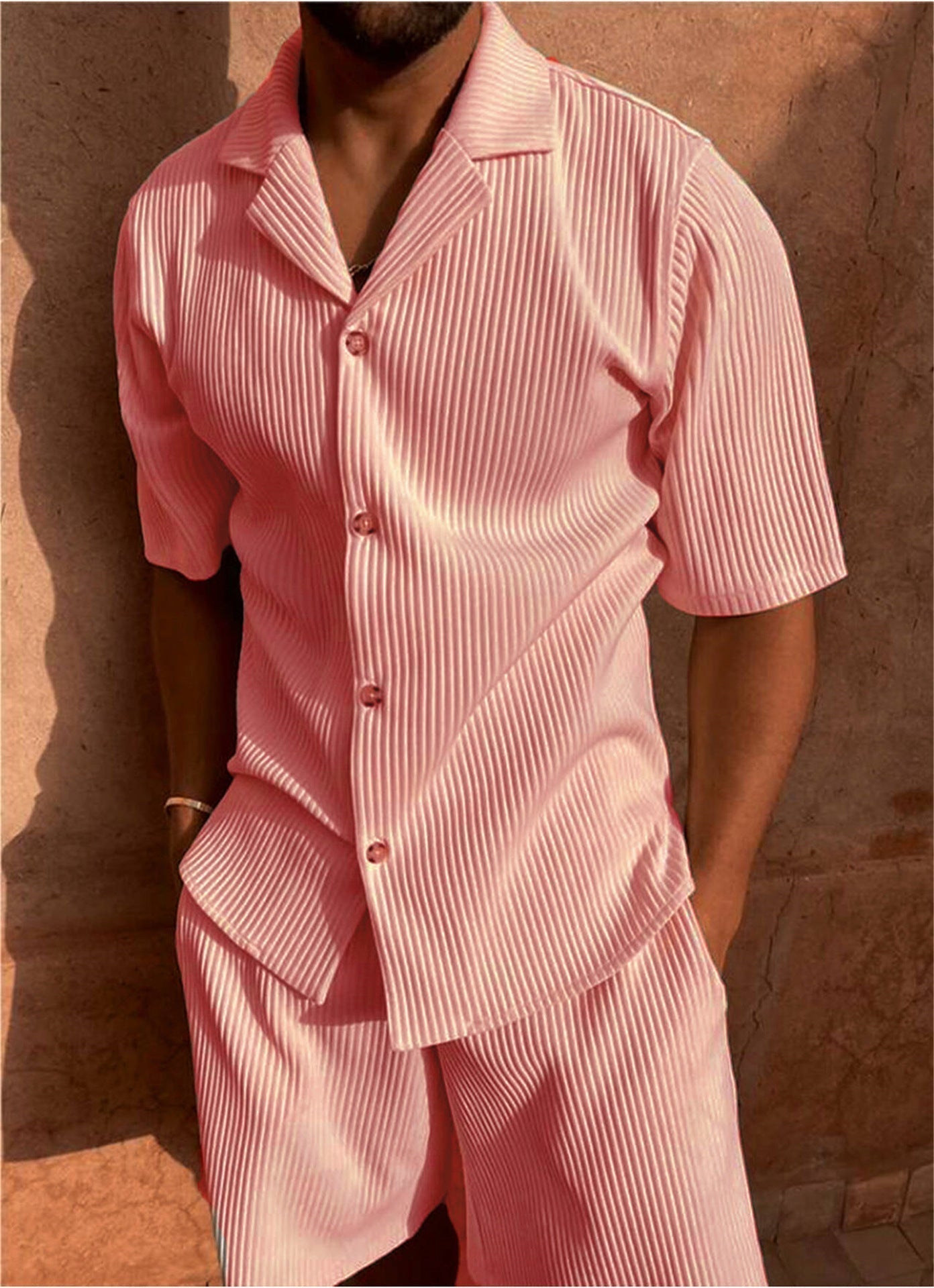 Men's Ribbed Co-ord Set | Button-Up Shirt & Shorts | Lightweight Cotton Blend | Navy Grey Beige Pink Black | Casual Summer Menswear | Koossa