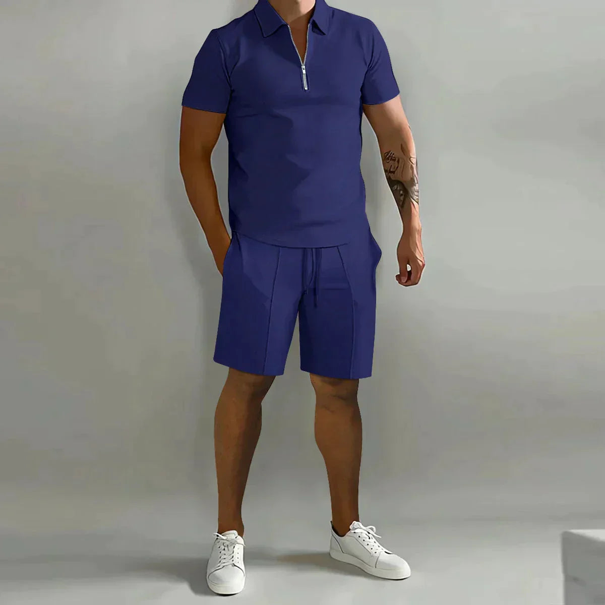 Men's Zip-Neck Polo Shirt and Shorts Co-ord Set in Cotton Blend for Relaxed Summer Style | Koossa