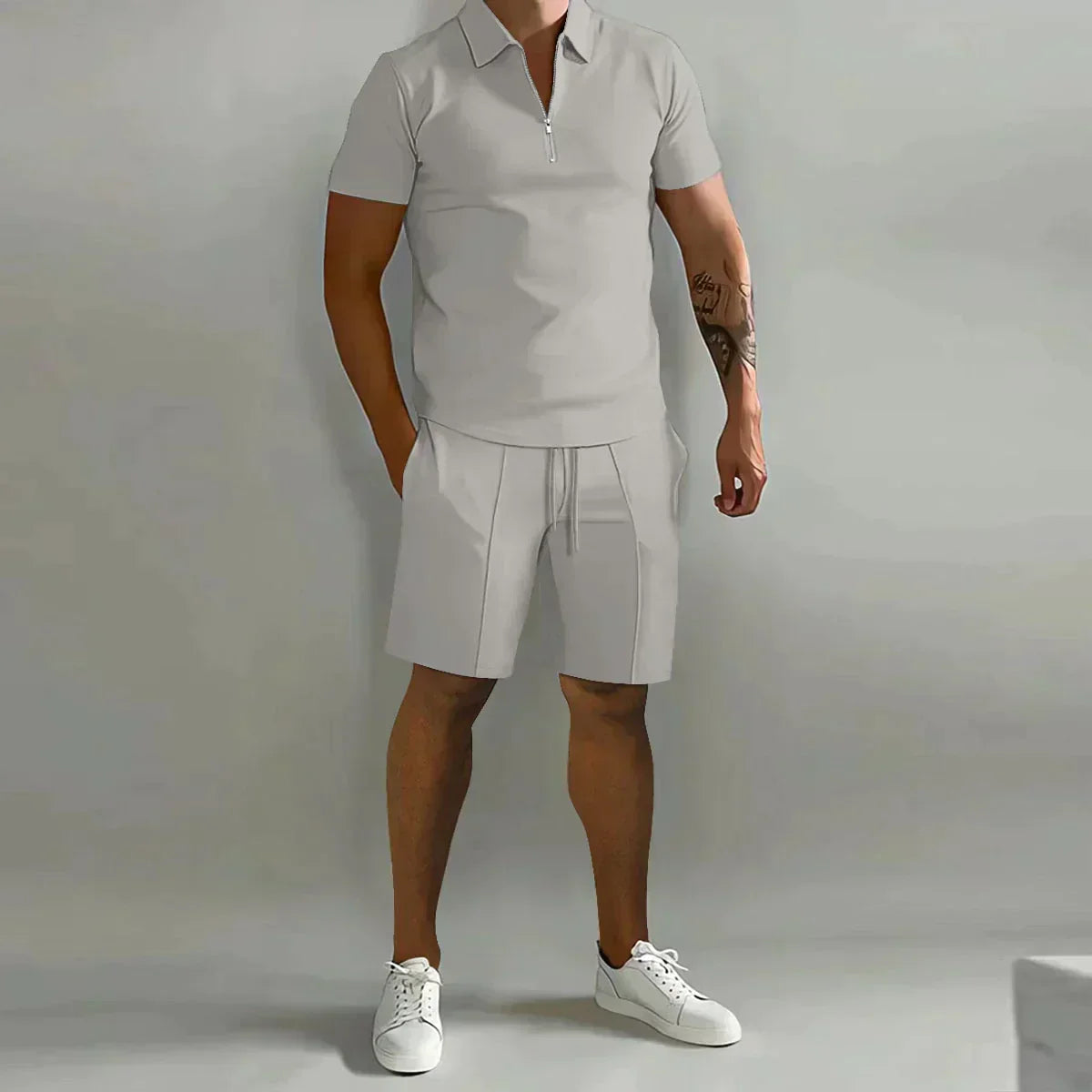 Men's Zip-Neck Polo Shirt and Shorts Co-ord Set in Cotton Blend for Relaxed Summer Style | Koossa