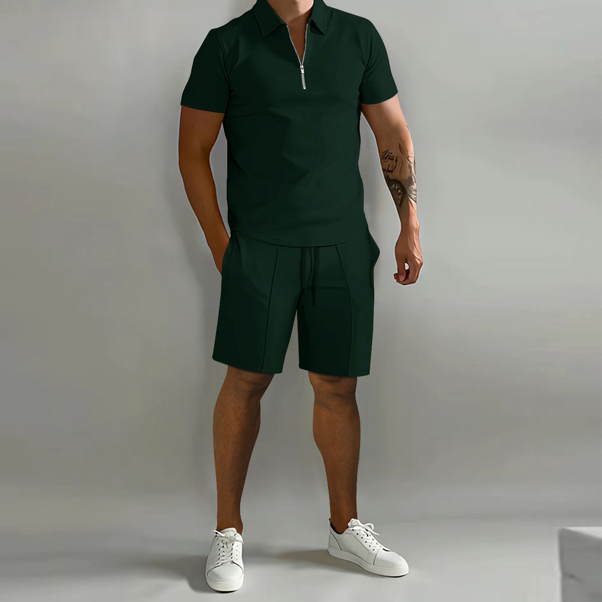 Men's Zip-Neck Polo Shirt and Shorts Co-ord Set in Cotton Blend for Relaxed Summer Style | Koossa