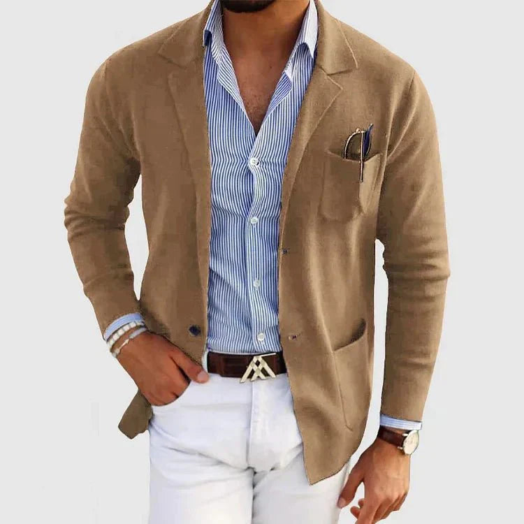 Men's Knitted Blazer with Notch Lapel and Patch Pockets in Navy, Grey, and Beige for Smart Casual Occasions | Koossa