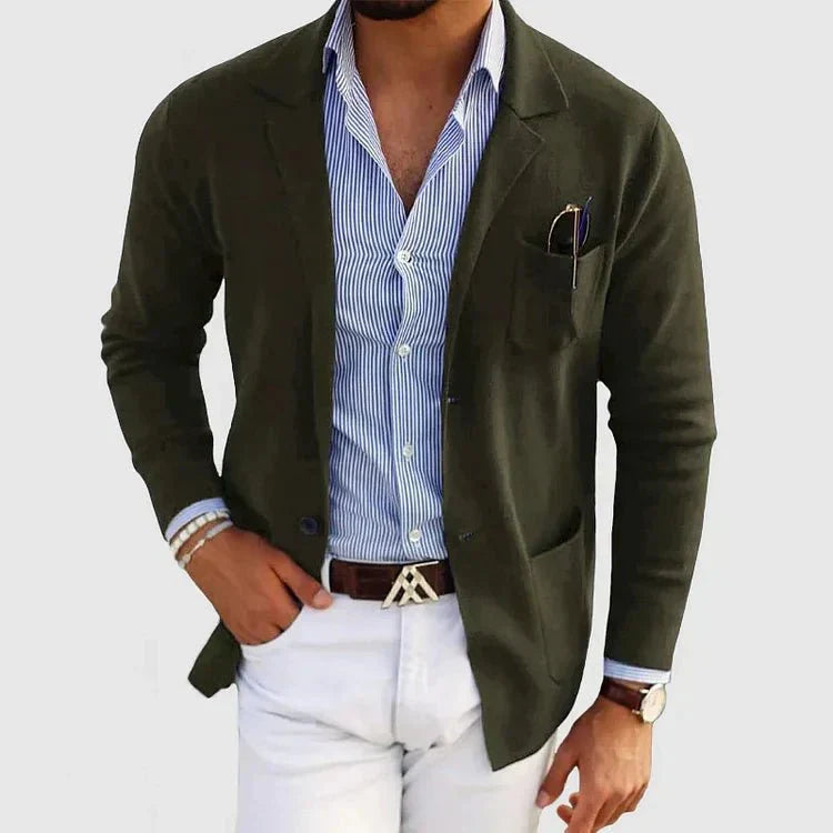 Men's Knitted Blazer with Notch Lapel and Patch Pockets in Navy, Grey, and Beige for Smart Casual Occasions | Koossa