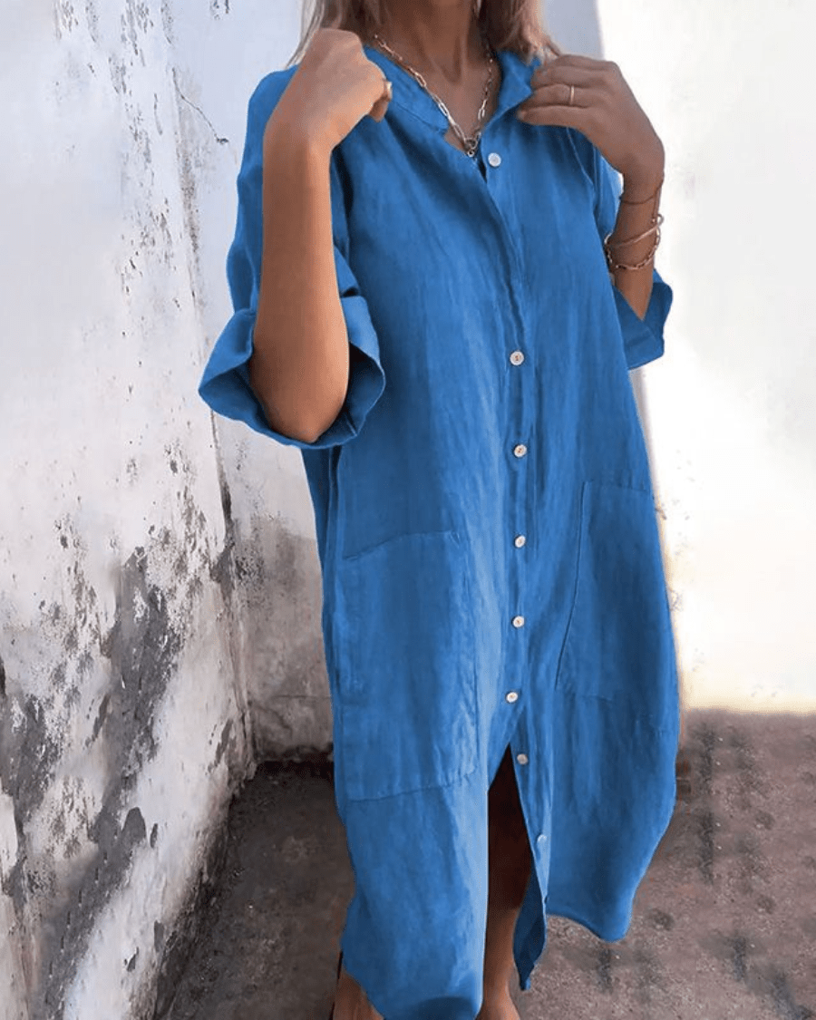 Women's Ankle-Length Shirt Dress in Lightweight Cotton Blend with Button Front and Relaxed Bohemian Silhouette for Warm Days and Casual Elegance | Koossa