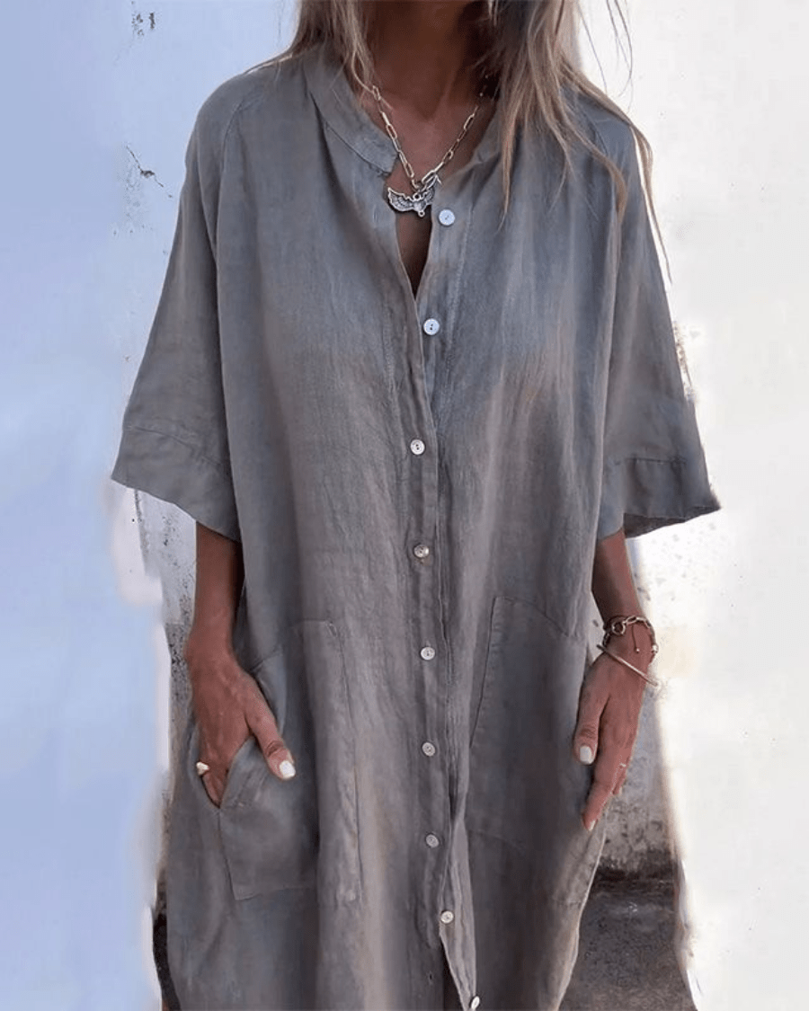 Women's Ankle-Length Shirt Dress in Lightweight Cotton Blend with Button Front and Relaxed Bohemian Silhouette for Warm Days and Casual Elegance | Koossa