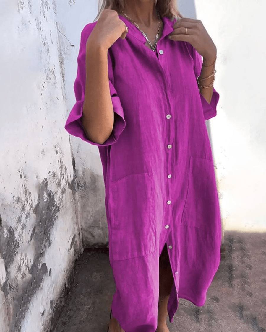 Women's Ankle-Length Shirt Dress in Lightweight Cotton Blend with Button Front and Relaxed Bohemian Silhouette for Warm Days and Casual Elegance | Koossa
