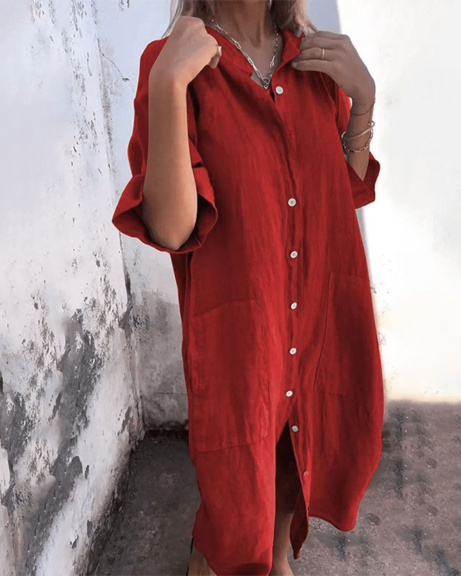 Women's Ankle-Length Shirt Dress in Lightweight Cotton Blend with Button Front and Relaxed Bohemian Silhouette for Warm Days and Casual Elegance | Koossa