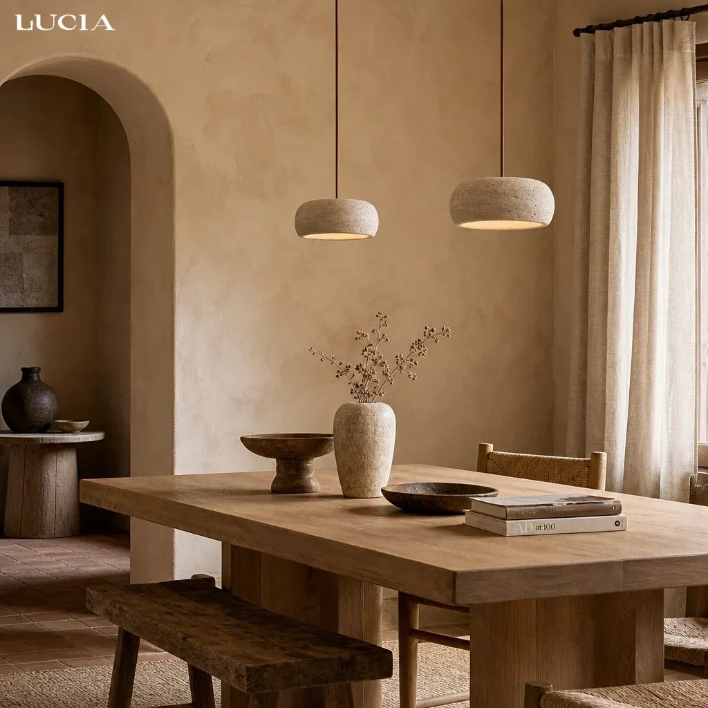 Suspension en Travertine Crème Naturel Style Wabi Sabi pour Salle à Manger Chambre Éclairage Doux Minimaliste | Koossa