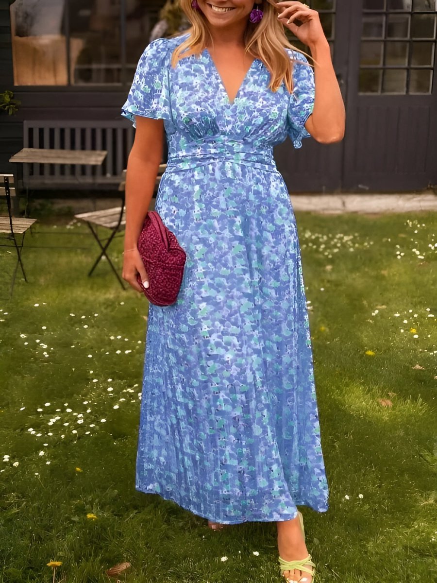 Women's Floral Print Short Sleeve Midi Dress with V-Neckline — Elegant Summer Dress for Garden Parties & Holidays | Koossa