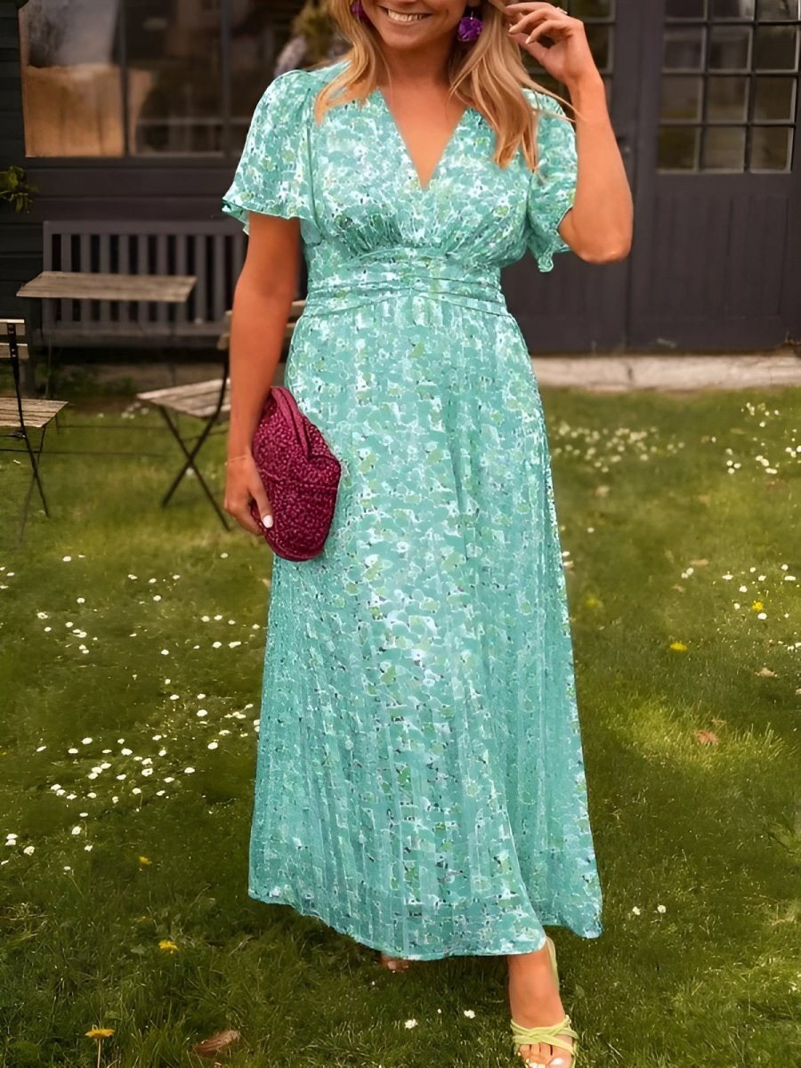 Women's Floral Print Short Sleeve Midi Dress with V-Neckline — Elegant Summer Dress for Garden Parties & Holidays | Koossa