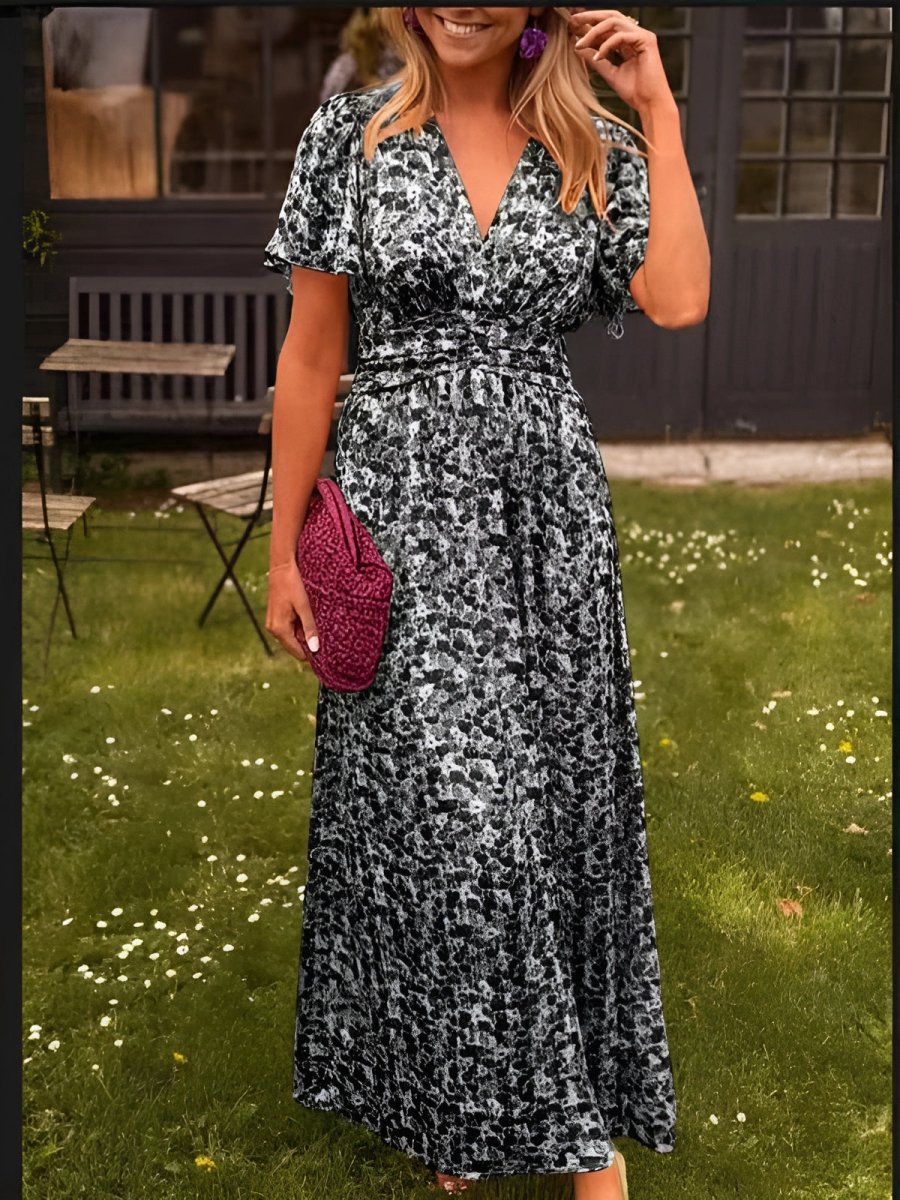 Women's Floral Print Short Sleeve Midi Dress with V-Neckline — Elegant Summer Dress for Garden Parties & Holidays | Koossa