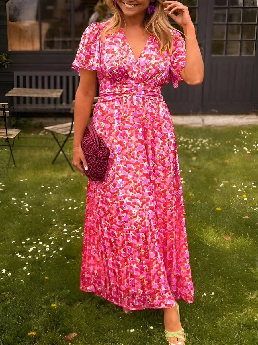 Women's Floral Print Short Sleeve Midi Dress with V-Neckline — Elegant Summer Dress for Garden Parties & Holidays | Koossa