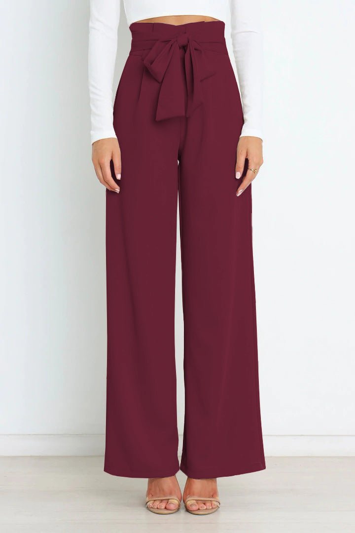 Women's Wide Leg Trousers with Tie Belt — Elegant High Waist Trousers for Work & Casual Wear | Koossa