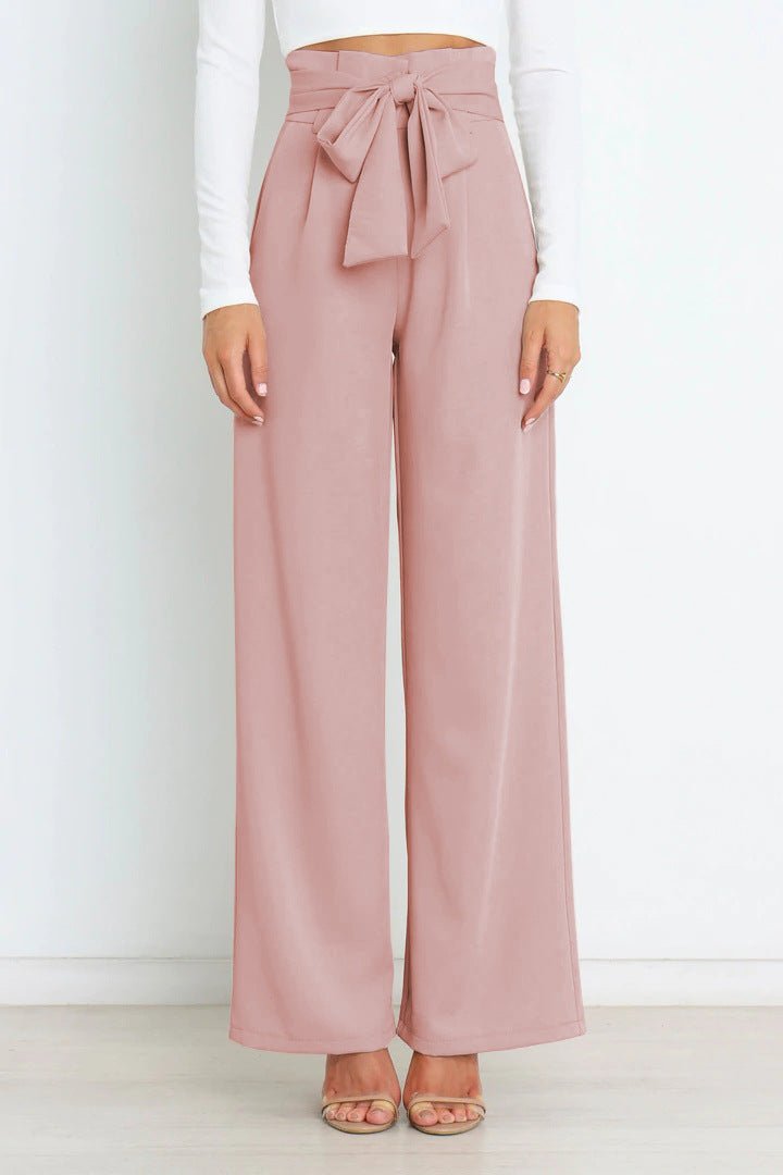 Women's Wide Leg Trousers with Tie Belt — Elegant High Waist Trousers for Work & Casual Wear | Koossa