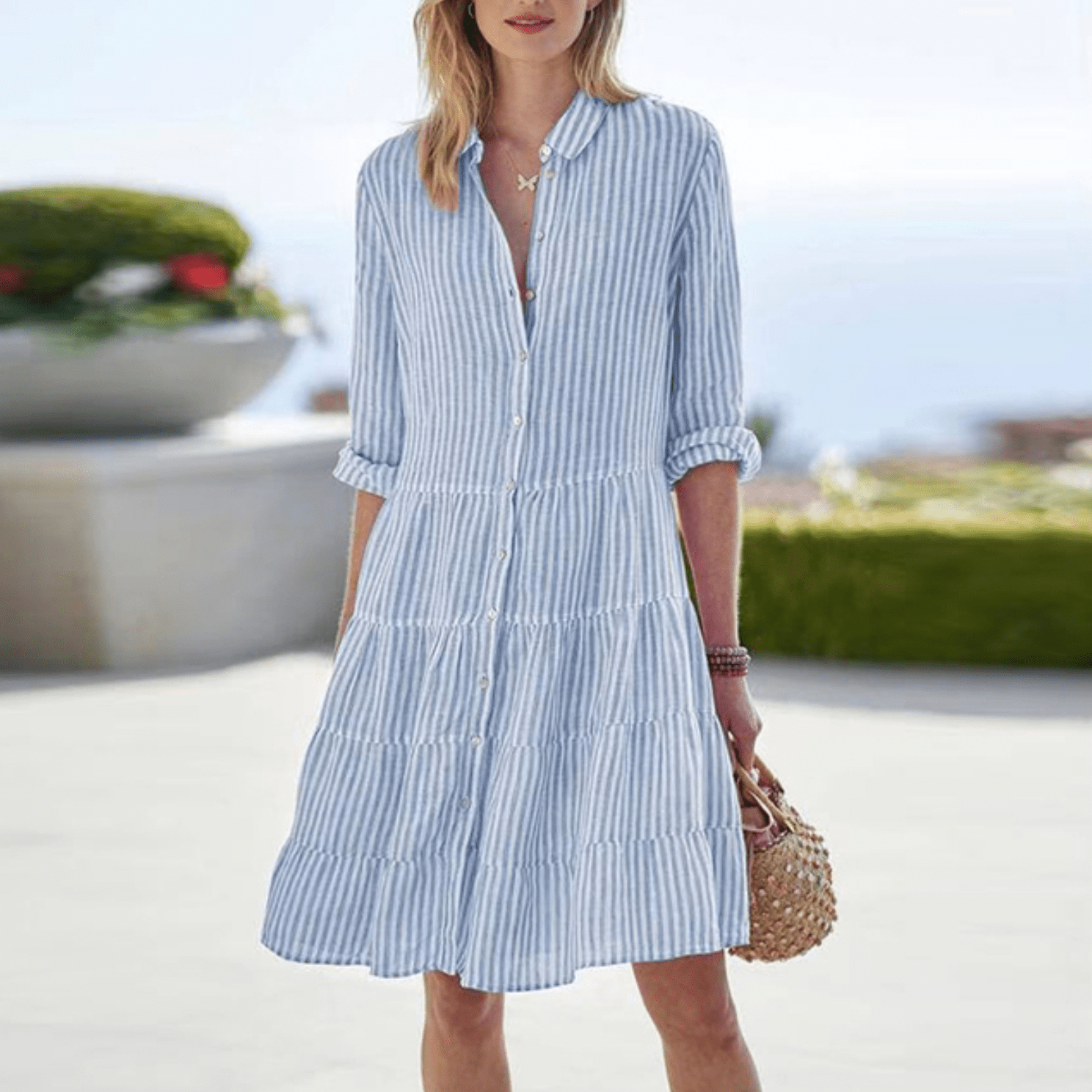 Women's Vertical Stripe Button-Front Midi Dress with Gathered Waist – Lightweight Summer Day Dress in Green, Purple, Yellow & Blue | Koossa