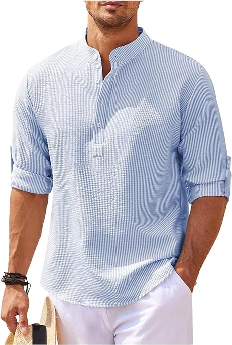 Men's Check Shirt with Stand Collar and Roll-Up Sleeves — Smart Casual Shirt for Weekend & Everyday Wear | Koossa