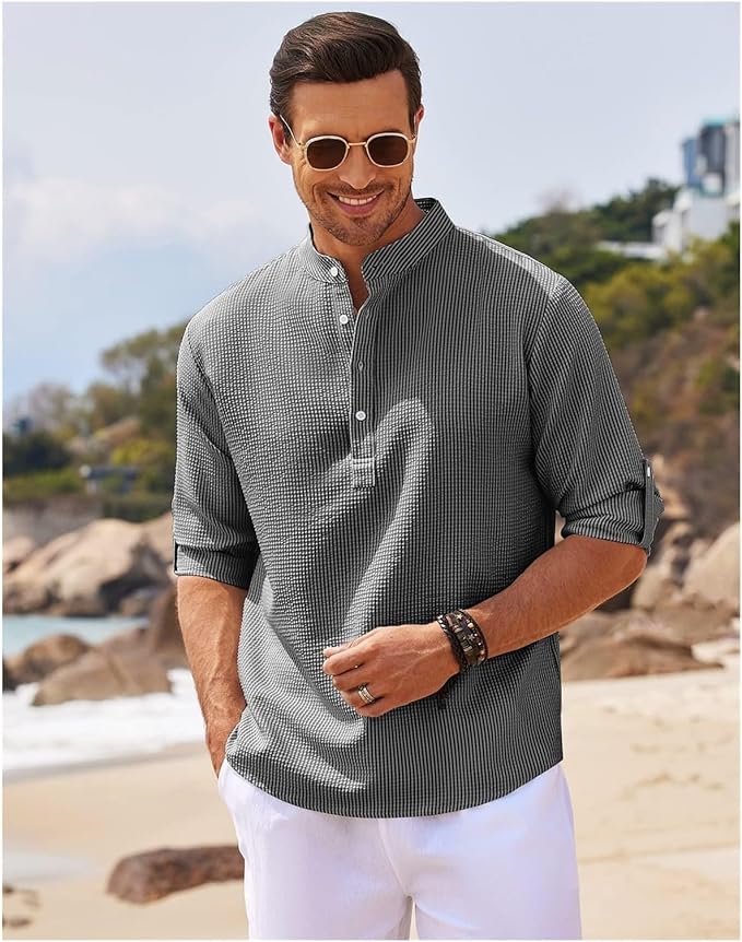 Men's Check Shirt with Stand Collar and Roll-Up Sleeves — Smart Casual Shirt for Weekend & Everyday Wear | Koossa