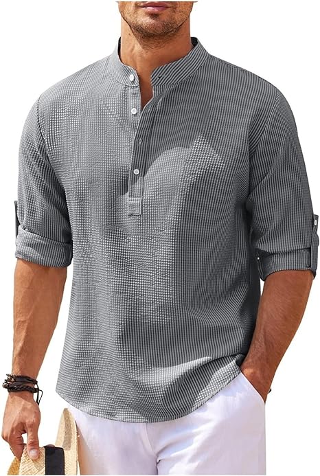 Men's Check Shirt with Stand Collar and Roll-Up Sleeves — Smart Casual Shirt for Weekend & Everyday Wear | Koossa