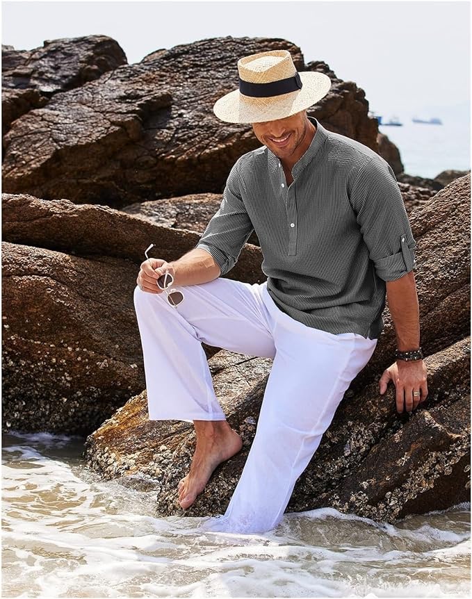 Men's Check Shirt with Stand Collar and Roll-Up Sleeves — Smart Casual Shirt for Weekend & Everyday Wear | Koossa